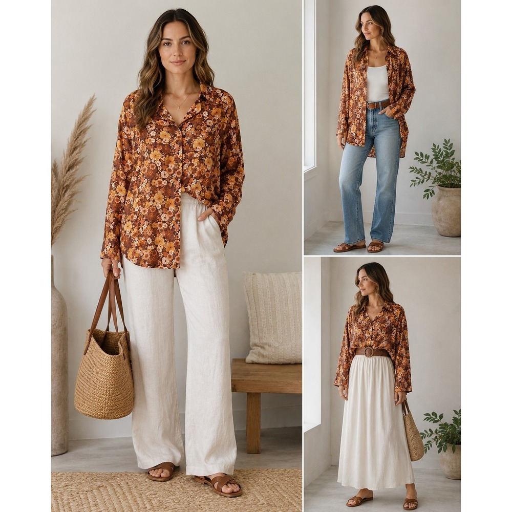 NWT‎ Topshop Button-Up Shirt US 8-10 Brown Floral Oversized Boho Retro Blouse